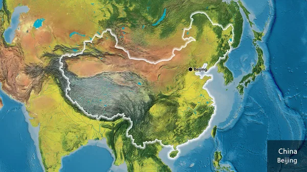 地形図上の中国国境地域のクローズアップ 資本ポイント 国の形の周りに光る 英名国とその首都 — ストック写真