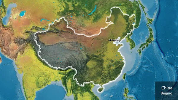 地形図上の暗いオーバーレイで強調されている中国国境地域のクローズアップ 資本ポイント 国の形の周りに光る 英名国とその首都 — ストック写真