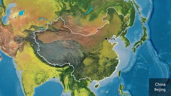 中国边境地区的特写镜头 用地形图上的黑暗覆盖来突出显示 资本点 概略地描述一下国家的面貌 国家及其首都的英文名称 — 图库照片