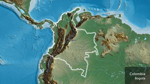Close Van Het Grensgebied Van Colombia Een Reliëfkaart Hoofdpunt Gloeien — Stockfoto