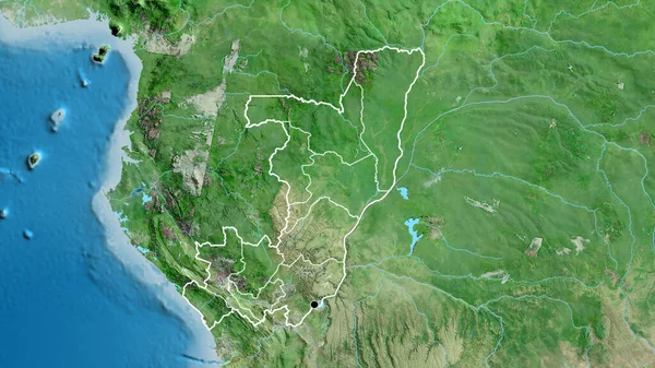 コンゴ共和国の国境地域と衛星地図上のその地域の境界線の閉鎖 資本ポイント 全国の概要 — ストック写真