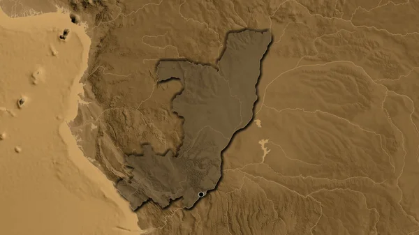 コンゴ共和国の国境地域のクローズアップは セピア標高地図上の暗いオーバーレイで強調しています 資本ポイント 国の形の縁が隠されている — ストック写真