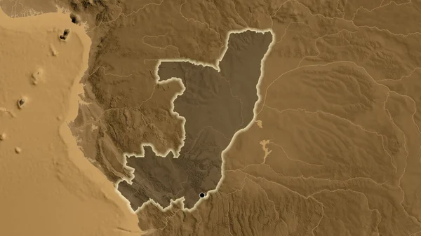 コンゴ共和国の国境地域のクローズアップは セピア標高地図上の暗いオーバーレイで強調しています 資本ポイント 全国に光る — ストック写真