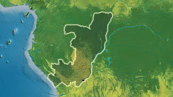 刚果共和国边境地区的特写镜头 用地形图上的黑暗阴影突出显示 资本点 风靡全国 — 图库照片