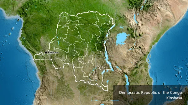 stock image Close-up of the Democratic Republic of the Congo border area and its regional borders on a satellite map. Capital point. Outline around the country shape. English name of the country and its capital