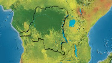 Demokratik Kongo Cumhuriyeti sınırına yakın plan bir topoğrafik haritada. Ana nokta. Ülkenin kıvrımlı kenarları. 