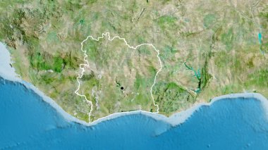 Fildişi Sahili sınır bölgesinin uydu haritası üzerinde yakın plan. Ana nokta. Ülke şekli etrafında özet geç. 