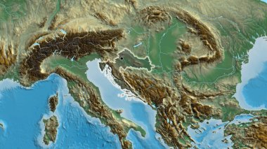Hırvatistan sınır bölgesinin yakın çekimleri, yardım haritasında koyu bir örtüyle vurgulanıyor. Ana nokta. Ülke çapında parıltı. 