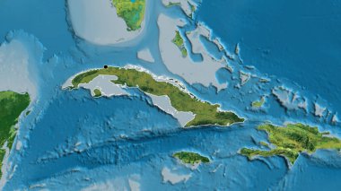 Küba sınır bölgesinin, topoğrafik haritada koyu bir örtüyle ışıklandırılması. Ana nokta. Ülke şekli etrafında özet geç. 