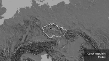 Bilek haritasında Çek sınır bölgesinin yakın çekimleri. Ana nokta. Ülke çapında bir taslak oluşturun. Ülkenin ve başkentinin İngilizce adı