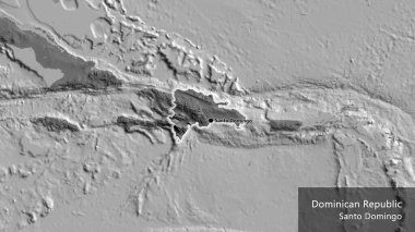 Dominik Cumhuriyeti sınır bölgesinin bir bileklik haritasına yakın plan. Ana nokta. Ülke çapında parıldıyor. Ülkenin ve başkentinin İngilizce adı