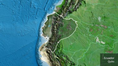 Ekvador sınır bölgesinin, uydu haritasında koyu bir örtüyle ışıklandırılması. Ana nokta. Ülke çapında bir taslak oluşturun. Ülkenin ve başkentinin İngilizce adı