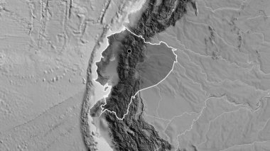 Ekvador sınır bölgesinin, gri tonlamalı bir haritada koyu bir örtüyle ışıklandırılması. Ana nokta. Ülke şekli etrafında özet geç. 