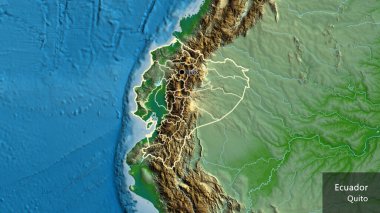 Ekvador sınır bölgesinin ve onun bölgesel sınırlarının fiziksel bir haritada yakınlaştırılması. Ana nokta. Ülke çapında bir taslak oluşturun. Ülkenin ve başkentinin İngilizce adı