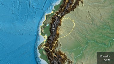 Ekvador sınır bölgesinin yakın plan haritası. Ana nokta. Ülke çapında bir taslak oluşturun. Ülkenin ve başkentinin İngilizce adı