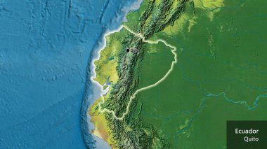 Ekvador sınır bölgesinin bir topoğrafik haritada yakın plan görüntüsü. Ana nokta. Ülke çapında parıldıyor. Ülkenin ve başkentinin İngilizce adı