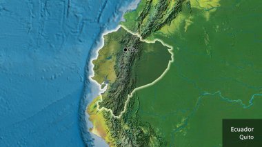 Ekvador sınır bölgesinin bir topoğrafik haritada koyu bir örtüyle ışıklandırılması. Ana nokta. Ülke çapında parıldıyor. Ülkenin ve başkentinin İngilizce adı