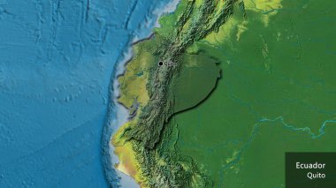 Ekvador sınır bölgesinin bir topoğrafik haritada koyu bir örtüyle ışıklandırılması. Ana nokta. Kırsal kesimin kıvrımlı kenarları. Ülkenin ve başkentinin İngilizce adı