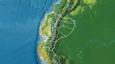 Ekvador sınır bölgesine ve bölgesel sınırlarına bir topoğrafik harita üzerinde yakın plan. Ana nokta. Ülke şekli etrafında özet geç. 