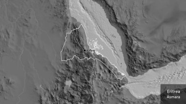 Eritre sınır bölgesinin bir bileklik haritasına yakın plan. Ana nokta. Ülke çapında bir taslak oluşturun. Ülkenin ve başkentinin İngilizce adı