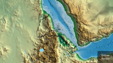 Eritre sınır bölgesinin fiziksel bir haritada yakın plan görüntüsü. Ana nokta. Kırsal kesimin kıvrımlı kenarları. Ülkenin ve başkentinin İngilizce adı