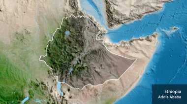 Etiyopya sınır bölgesinin uydu haritasında koyu bir örtüyle ışıklandırılmış hali. Ana nokta. Ülke çapında bir taslak oluşturun. Ülkenin ve başkentinin İngilizce adı