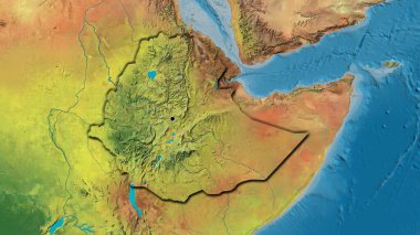 Etiyopya sınır bölgesinin bir topoğrafik haritada yakın plan görüntüsü. Ana nokta. Ülkenin kıvrımlı kenarları. 