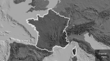 Fransa sınır bölgesinin yakın çekimleri, bilek haritasında koyu bir örtüyle vurgulanıyor. Ana nokta. Ülke çapında parıldıyor. Ülkenin ve başkentinin İngilizce adı