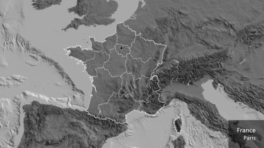 Fransa sınırına ve bölgesel sınırlarına bir bileklik haritasında yakın plan. Ana nokta. Ülke çapında bir taslak oluşturun. Ülkenin ve başkentinin İngilizce adı