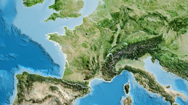 Fransa sınır bölgesinin uydu haritasında yakın plan görüntüsü. Ana nokta. Ülke şekli etrafında özet geç. 