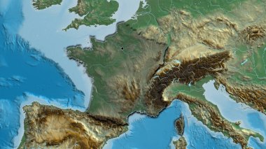 Fransa sınır bölgesinin yakın çekimleri bir yardım haritasında koyu bir örtüyle vurgulanıyor. Ana nokta. Ülkenin kıvrımlı kenarları. 