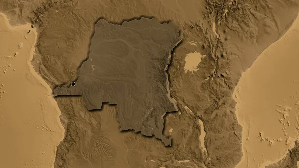 刚果民主共和国边境地区的特写镜头突出显示了黑色的覆盖在黑色的高程地图上 资本点 国家形状的斜边 — 图库照片
