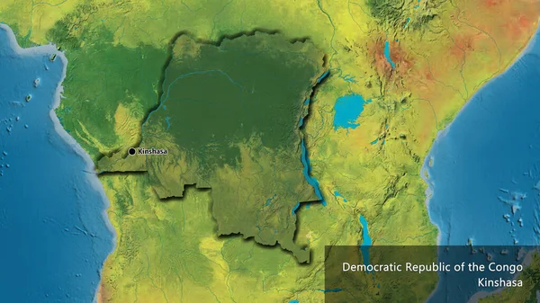 stock image Close-up of the Democratic Republic of the Congo border area highlighting with a dark overlay on a topographic map. Capital point. Bevelled edges of the country shape. English name of the country and its capital