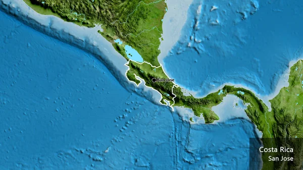 衛星地図上のコスタリカ国境地帯の閉鎖 資本ポイント 国の形の周りの概要 英名国とその首都 — ストック写真