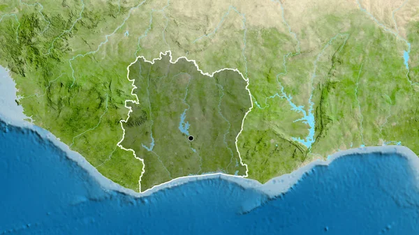 衛星地図上の暗いオーバーレイで強調象牙海岸境界領域のクローズアップ 資本ポイント 全国の概要 — ストック写真