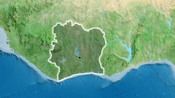 Närbild Elfenbenskustens Gränsområde Med Mörk Överlagring Satellitkarta Huvudpunkt Glow Runt — Stockfoto