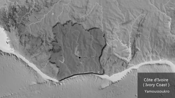 グレースケールの地図上に暗いオーバーレイで強調象牙海岸境界領域のクローズアップ 資本ポイント 国の形の縁が隠されています 英名国とその首都 — ストック写真