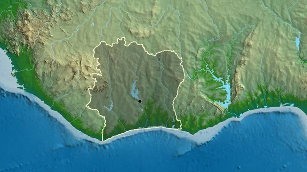物理的な地図上の暗いオーバーレイで強調象牙海岸境界領域のクローズアップ 資本ポイント 全国の概要 — ストック写真