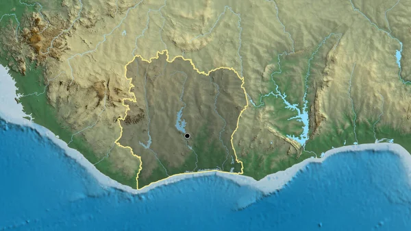 象牙海岸国境付近のクローズアップは 救援地図上の暗いオーバーレイで強調表示されます 資本ポイント 全国の概要 — ストック写真