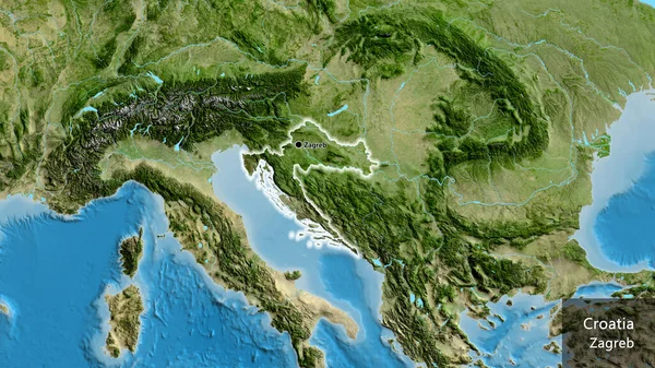 Крупним Планом Прикордонний Район Хорватії Супутниковій Карті Столична Точка Світиться — стокове фото
