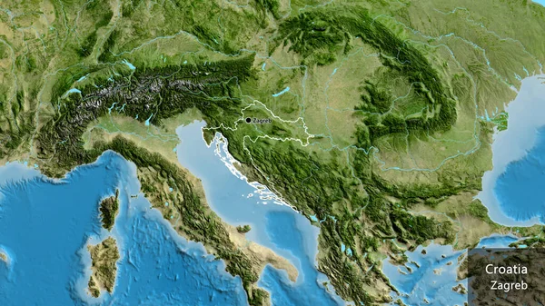 卫星地图上克罗地亚边境地区的特写 资本点 概略地描述一下国家的面貌 国家及其首都的英文名称 — 图库照片