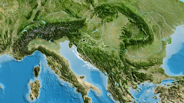 在卫星地图上对克罗地亚边境地区及其区域边界进行了密切监视 资本点 国家形貌概述 — 图库照片