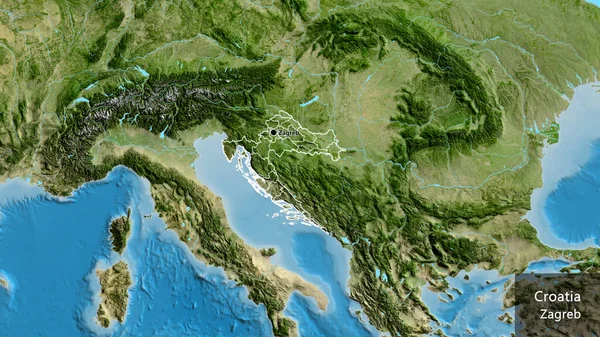 クロアチア国境地域の閉鎖と衛星地図上のその地域の境界線 資本ポイント 国の形の周りの概要 英名国とその首都 — ストック写真