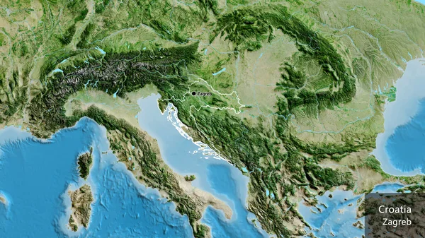 衛星地図上のクロアチア国境地帯の閉鎖 資本ポイント 国の形の周りの概要 英名国とその首都 — ストック写真