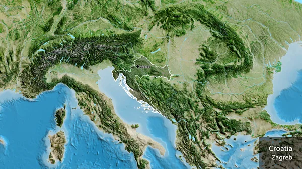 衛星地図上の暗いオーバーレイで強調クロアチア国境地域のクローズアップ 資本ポイント 国の形の周りの概要 英名国とその首都 — ストック写真