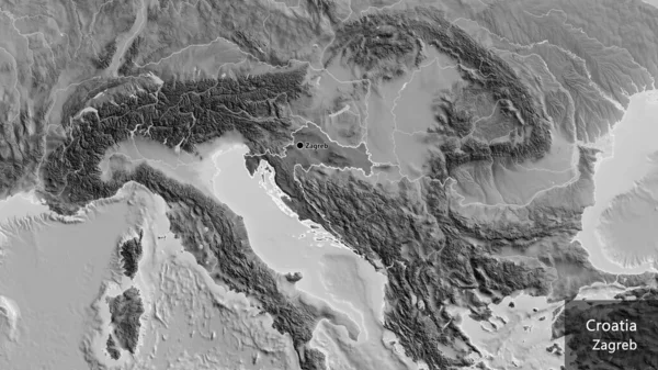 克罗地亚边境地区的特写镜头 以灰度地图上的黑暗覆盖为重点 资本点 概略地描述一下国家的面貌 国家及其首都的英文名称 — 图库照片