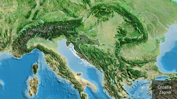 克罗地亚边境地区的特写镜头 用卫星地图上的黑暗阴影突出显示 资本点 概略地描述一下国家的面貌 国家及其首都的英文名称 — 图库照片