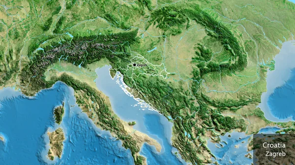 Närbild Kroatiens Gränsområde Och Dess Regionala Gränser Satellitkarta Huvudpunkt Runt — Stockfoto
