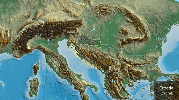 クロアチア国境地帯のクローズアップは 救援地図上の暗いオーバーレイで強調表示されます 資本ポイント 国の形の周りの概要 英名国とその首都 — ストック写真