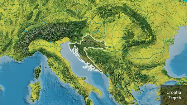地形図上の暗いオーバーレイで強調クロアチア国境地域のクローズアップ 資本ポイント 国の形の周りに光る 英名国とその首都 — ストック写真